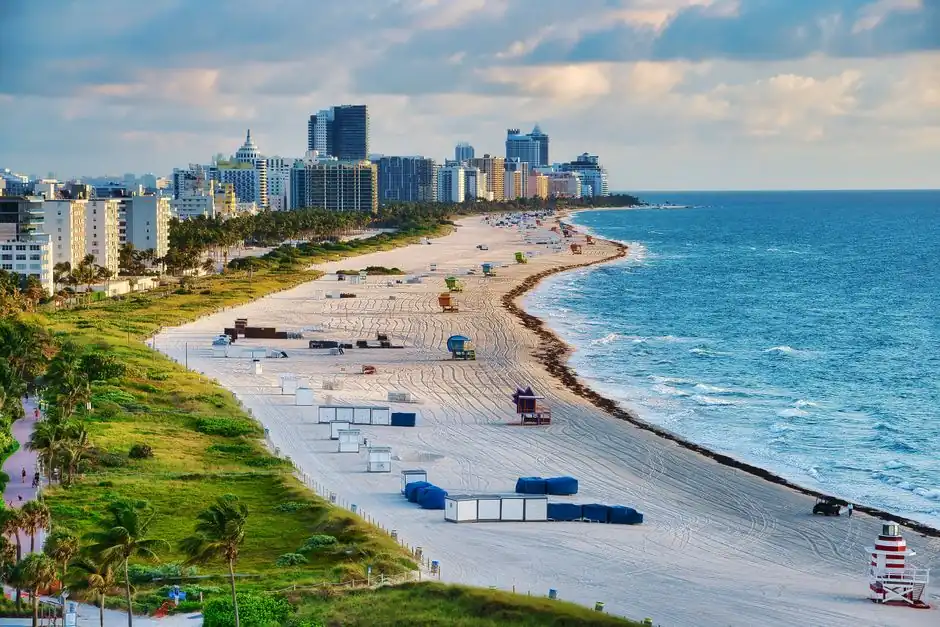 Aerial photo of Miami Beach with skyline and ocean, showcasing a vibrant summer cityscape.